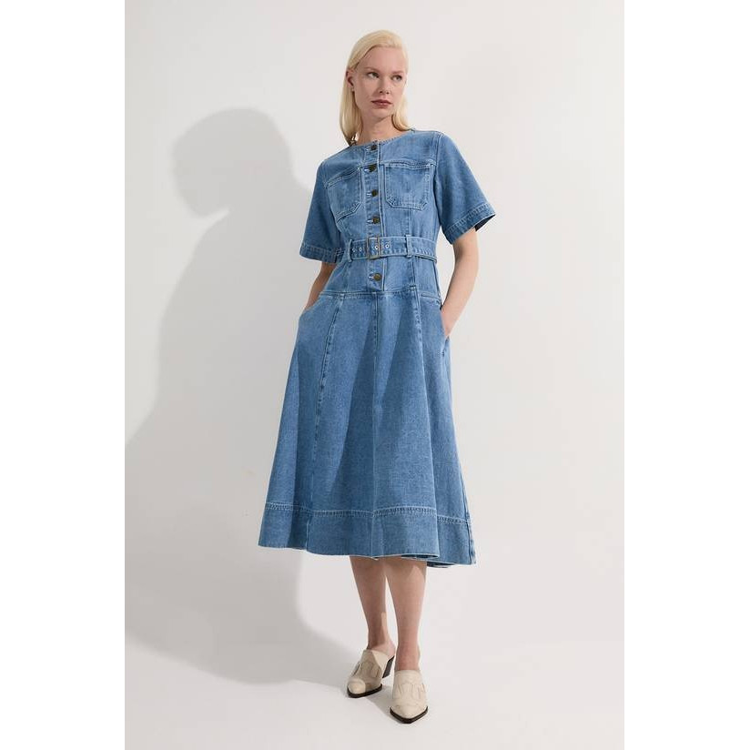 英国代购正品05.12 名品KM 女装新款 时尚牛仔短袖系腰带连衣裙