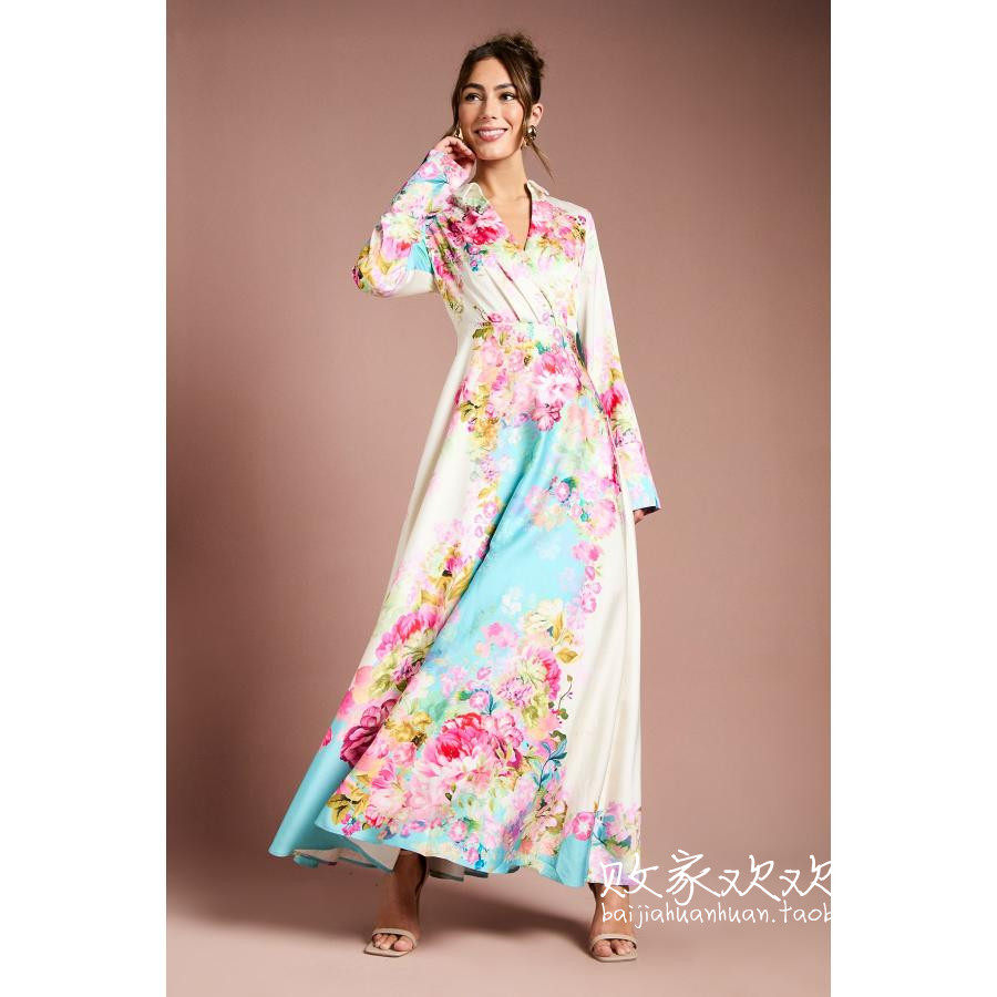 英国代购正品12.12 名品Boohoo 女装新款 设计印花长款百搭连衣裙