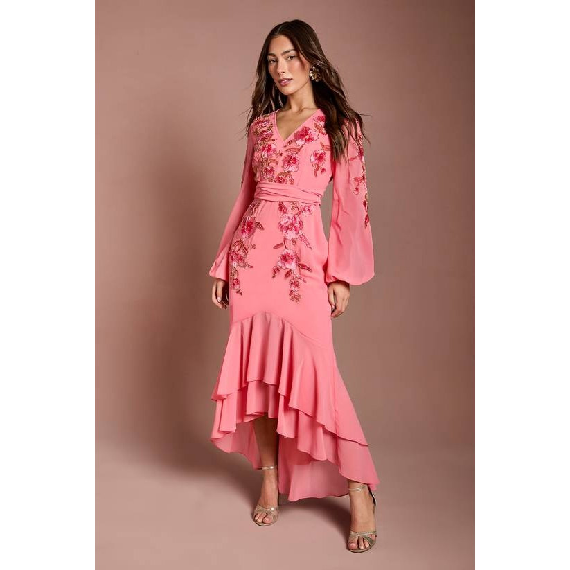英国代购正品04.20 名品KM 女装新款 时尚V领刺绣花长款连衣裙