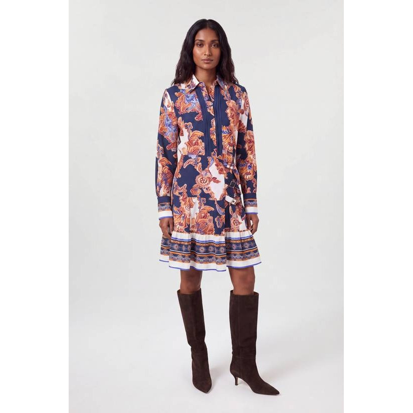 英国代购正品08.31 名品PL 女装新款 时尚翻领印花长袖迷人连衣裙