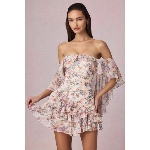 英国代购正品04.27 名品ohpolly 女装新款 一字肩印花多层连衣裙