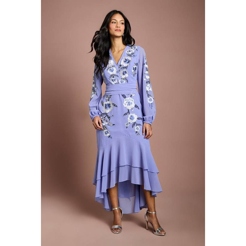英国代购正品04.20 名品KM 女装新款 时尚刺绣花褶皱裙摆连衣裙