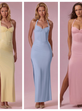 英国代购正品04.02 名品ohpolly 女装新款 挂脖开叉长款连衣裙