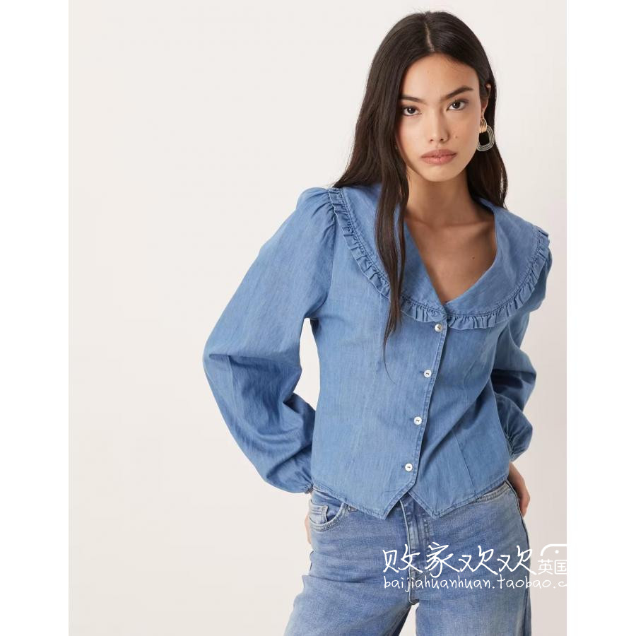 英国代购正品12.02 2025潮流导向 女装新款 木耳边牛仔长袖衬衫