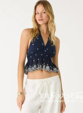 英国代购正品07.03 2025潮流导向 女装新款 刺绣花挂脖设计小衫