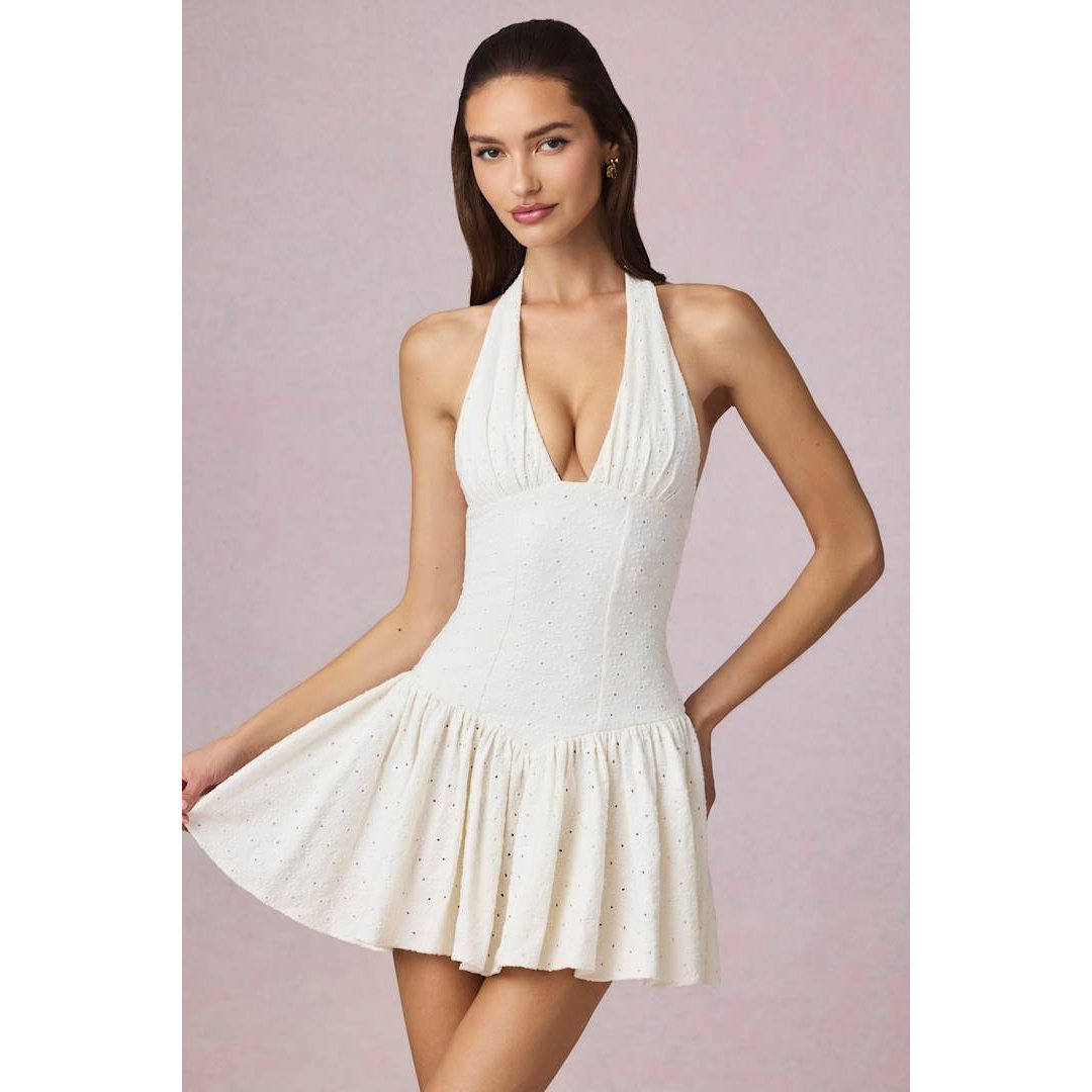 英国代购正品04.27 名品ohpolly 女装新款 挂脖束腰镂空花连衣裙