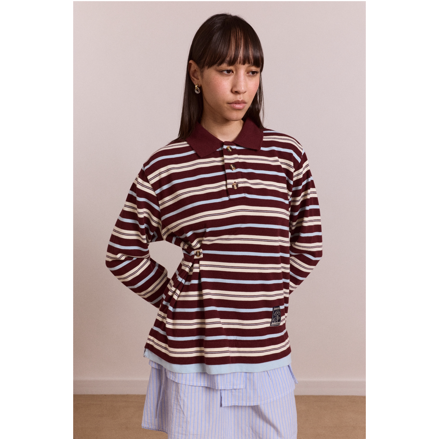英国代购正品04.23 名品DM 女装新款 时尚设计褶皱腰横纹长袖T恤
