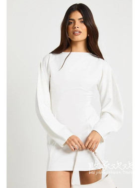 英国代购正品12.12 名品Boohoo 女装新款 时尚浅色长袖迷人连衣裙