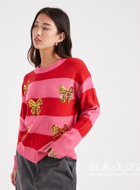 英国代购正品11.04 2025潮流导向 女装新款 蝴蝶结长袖横纹毛衣