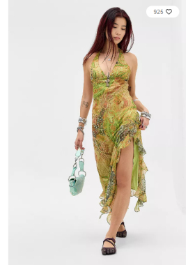 英国代购正品03.20 名品UO 女装新款 设计印花开叉长款百搭连衣裙