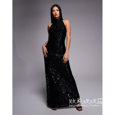 英国代购正品12.15 2025潮流导向 女装新款 设计亮片深色连衣裙