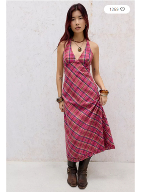 英国代购正品03.20 名品UO 女装新款 时尚露背格子长款百搭连衣裙