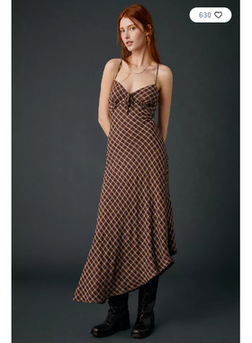 英国代购正品01.14 名品UO 女装新款 吊带不规则格子长款连衣裙