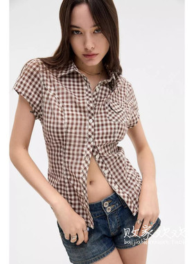 英国代购正品04.01 名品UO 女装新款 翻领格子短袖舒适衬衫