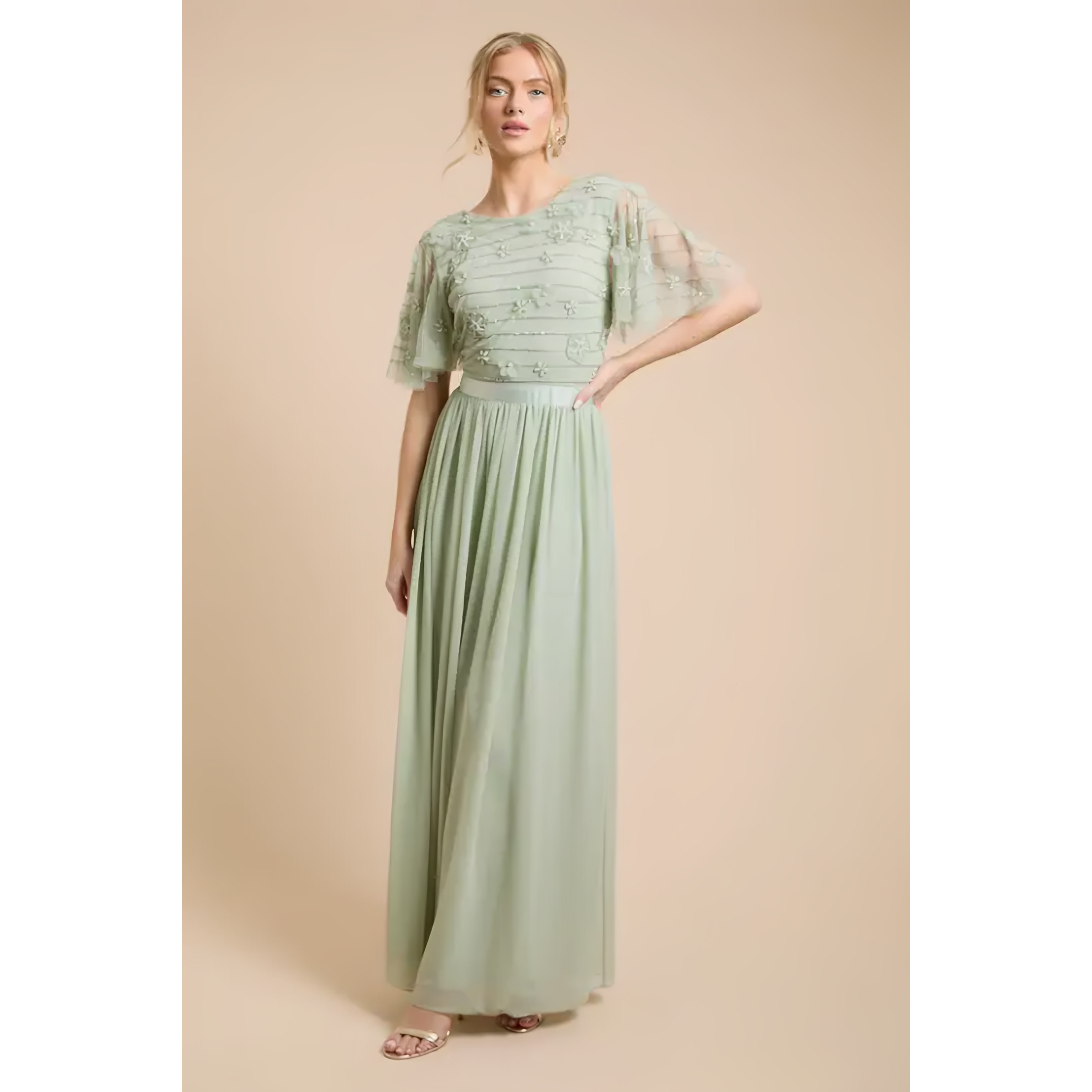 英国代购正品04.22 名品PL 女装新款 时尚3D花朵薄纱长款连衣裙