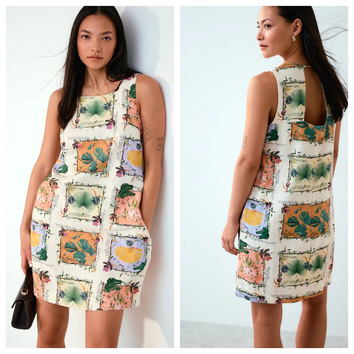 英国代购正品03.27 名品NEXT 女装新款 印花亚麻混纺方领连衣裙