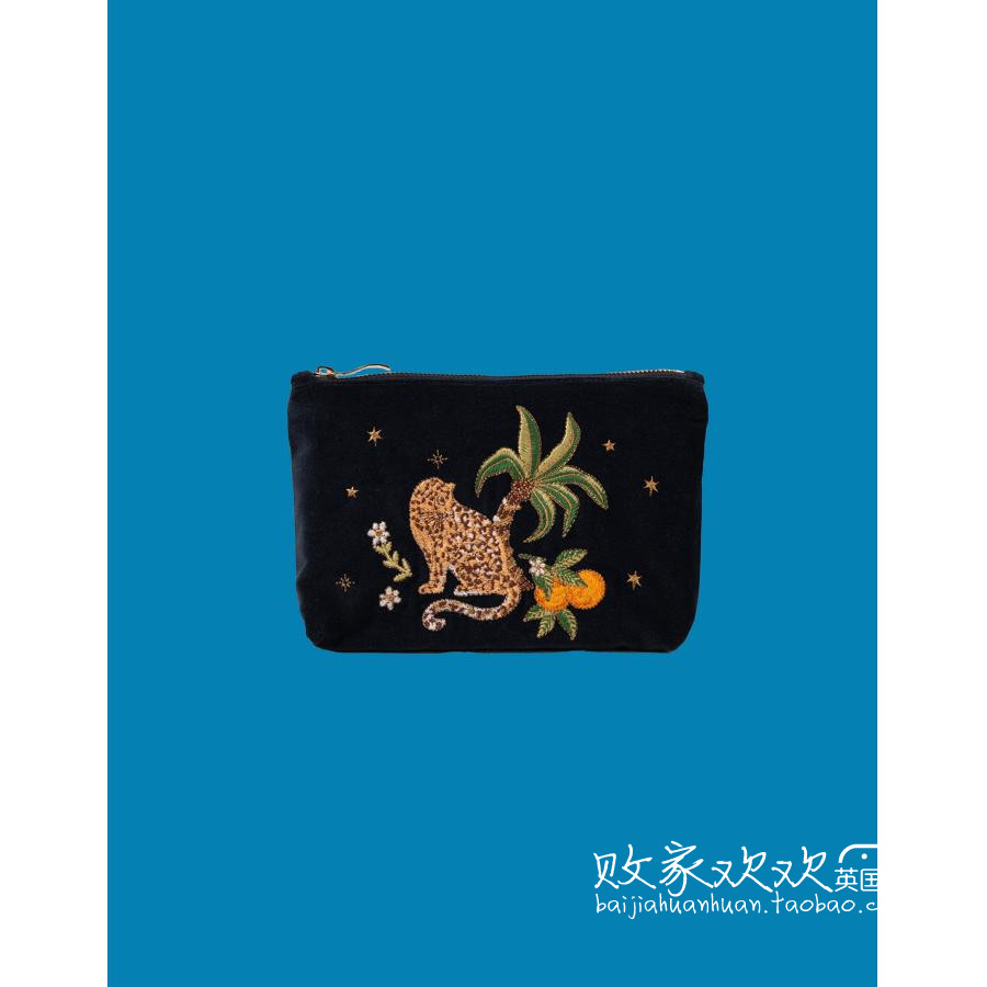 英国代购正品07.20 名品Monsoon 女包新款 豹子刺绣花绒面手拿包