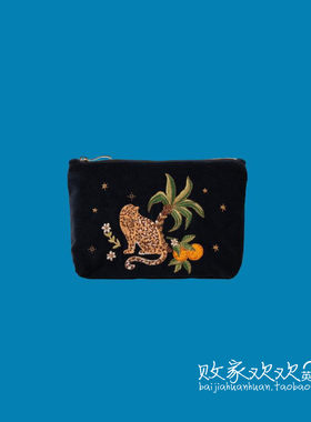 英国代购正品07.20 名品Monsoon 女包新款 豹子刺绣花绒面手拿包