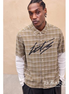 英国代购正品12.06 名品UO 男装新款 翻领格子短袖舒适百搭衬衫