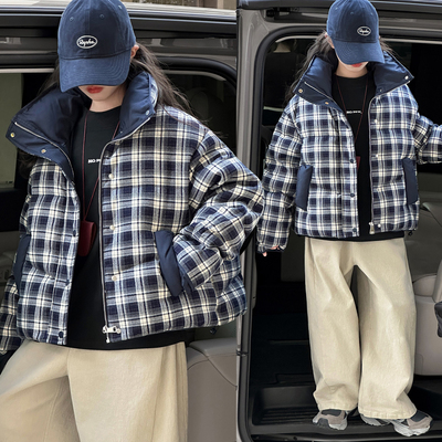女童羽绒棉衣外套冬装2025新款儿童韩范格子面包服棉袄中大童棉服