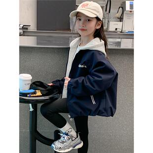两面穿加绒加厚字母夹克上衣 儿童女孩秋冬季 女童秋装 外套2025新款