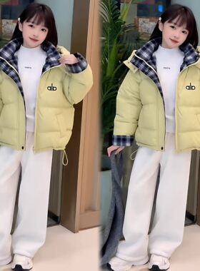 女童免洗小羊皮韩版棉服冬季设计感格纹拼接加厚保暖面包服外套潮