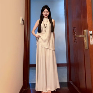 新中式无袖高腰A型连衣裙 女装清冷感亚麻混纺夏季套装