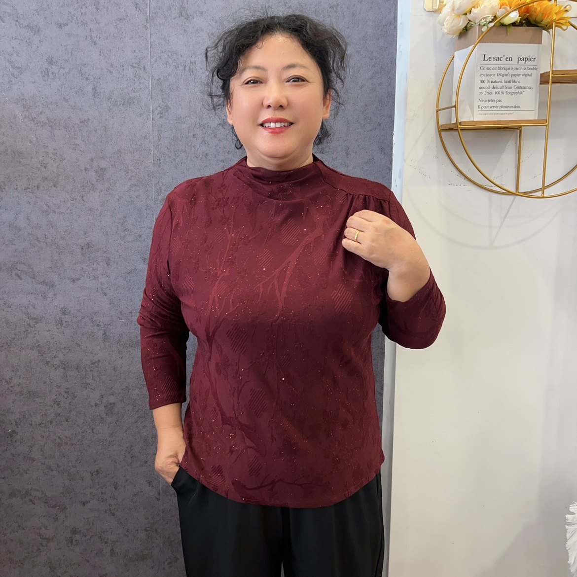 不对称设计提花暗纹细闪套头T恤衫半高领打底衫时尚弹力长袖妈妈