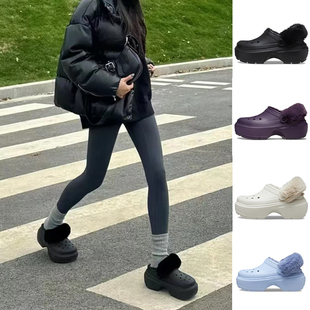 crocs洞洞鞋卡洛驰女鞋新款毛毛雪屋棉鞋厚底加绒暖棉拖鞋208546