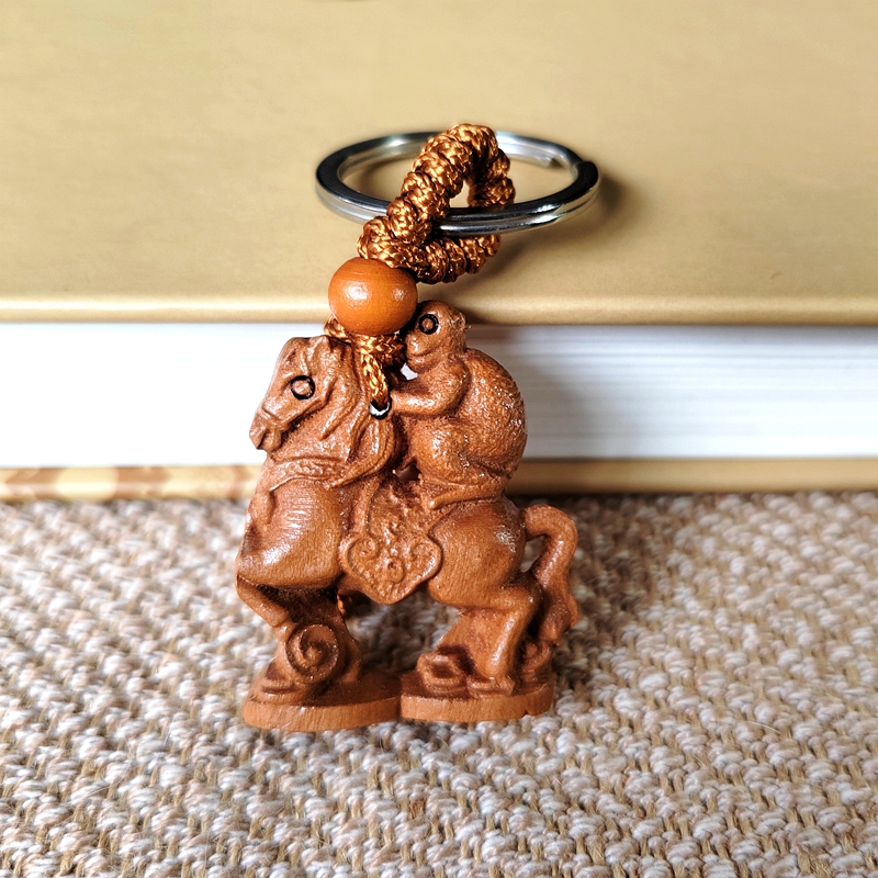 桃木马上封侯钥匙扣挂件饰品马上猴木质挂坠立体双面挂饰男女随身