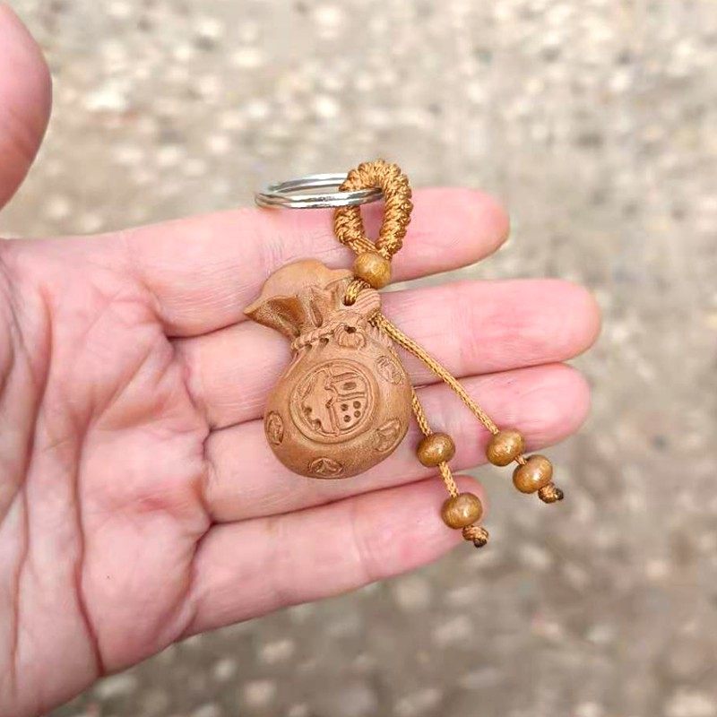 桃木钱袋子钥匙扣木质挂件黄金袋福字布袋男女包挂挂饰创意礼品