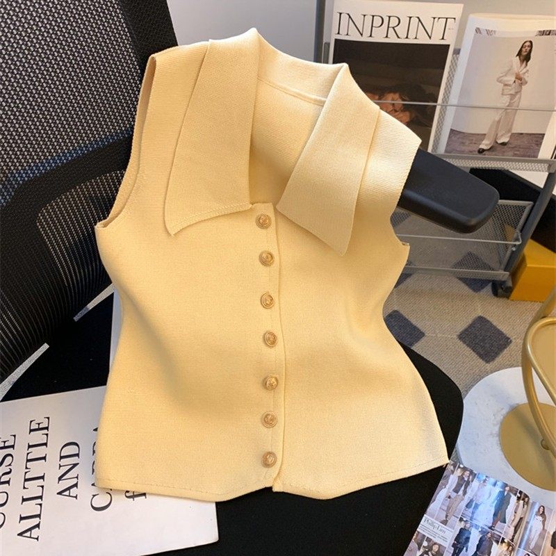 老钱风黄色翻领针织马甲背心女夏款高级感无袖西装别致挖肩小上衣