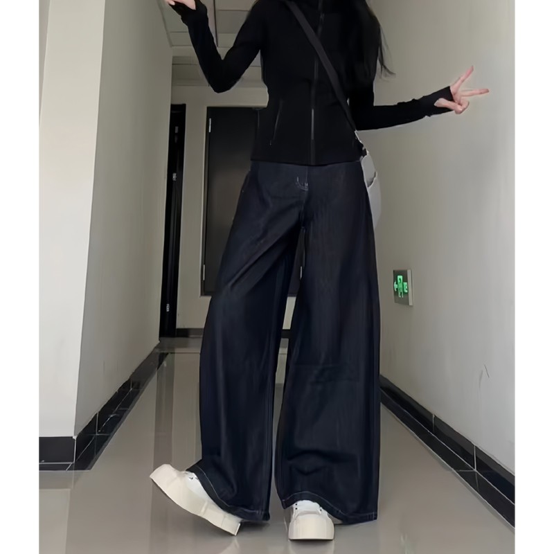 深蓝色版阔腿牛仔裤小个子宽松胖妹妹大码显瘦裤子女款拖地裤