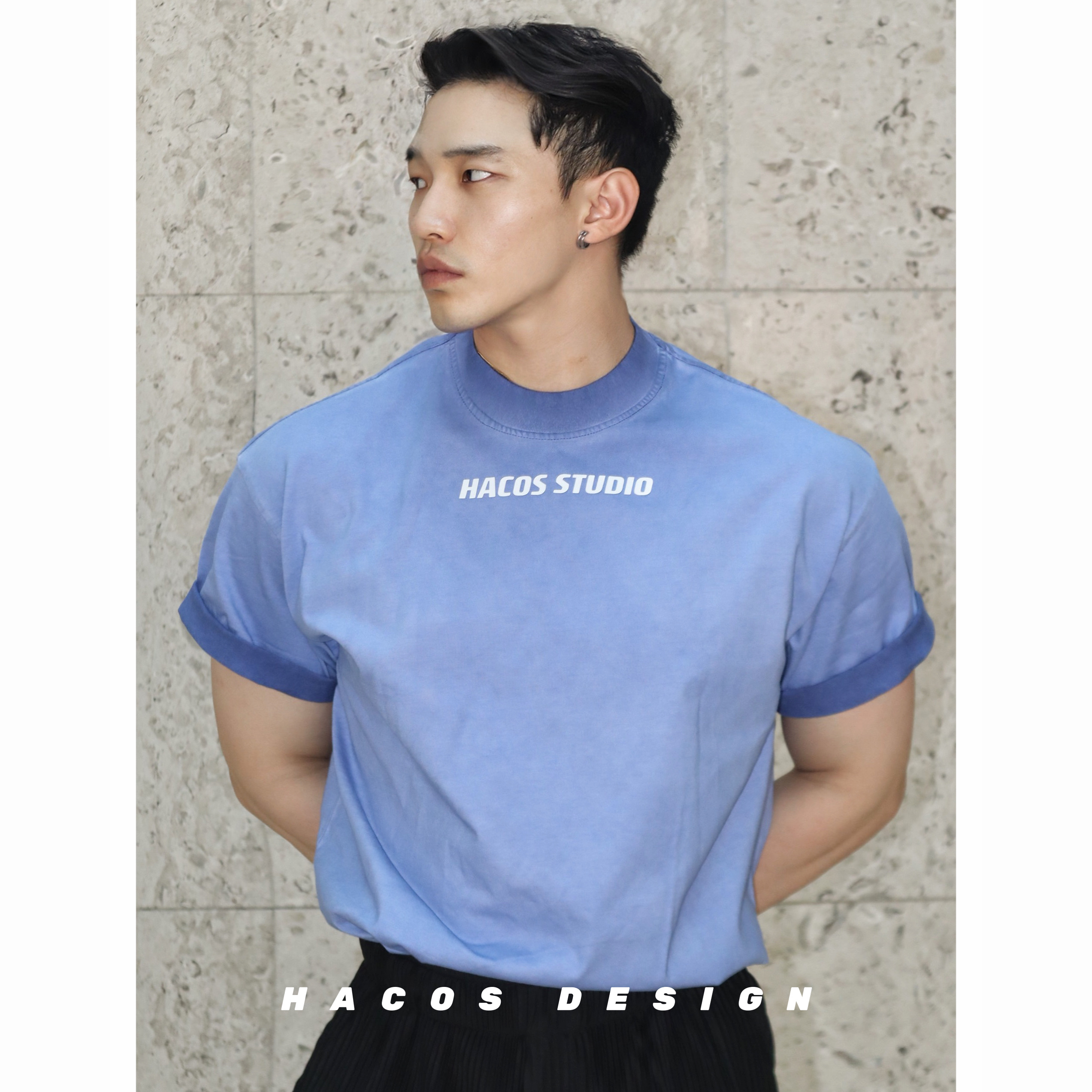 HACOS夏季新款美式多巴胺配色复古水洗T恤软糯透气宽松短袖落肩T