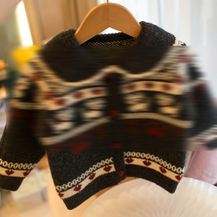 费尔岛提花针织开衫女童秋冬加厚毛衣外套复古圣诞穿搭上衣