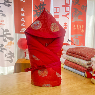 手工全棉花婴儿包被秋冬新生儿抱被龙年抱毯宝宝包被产房包被披红