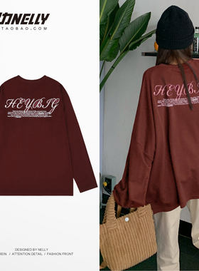 ins白色字母印花长袖T恤男女春秋纯棉oversize宽松内搭打底衫上衣