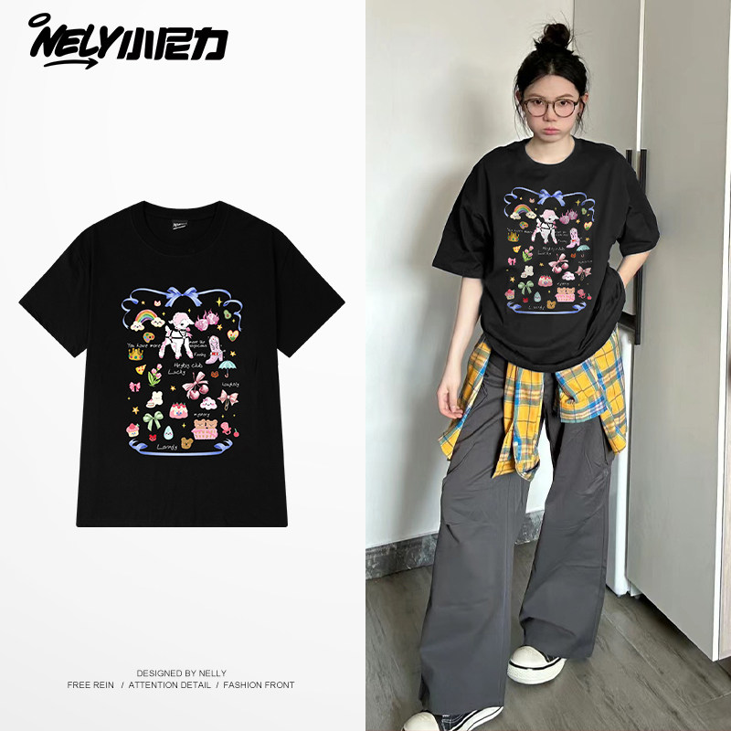 NELY小尼力圆领蝴蝶结小羊短袖t恤男女夏新款设计感宽松情侣上衣