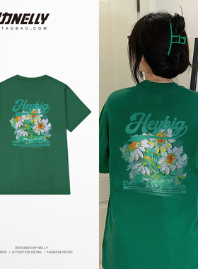 ins嘻哈美式复古短袖男oversize潮牌男生纯棉油画绿色t恤夏bf风