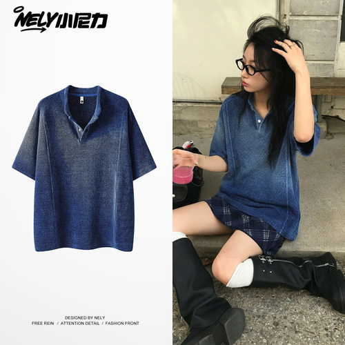 翻领渐变肌理小立领亨利Polo短袖