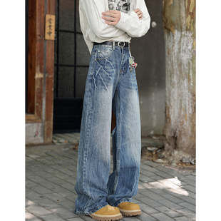 ins蓝色微喇牛仔裤男女款解构水洗弯刀阔腿裤子直筒宽松工装裤