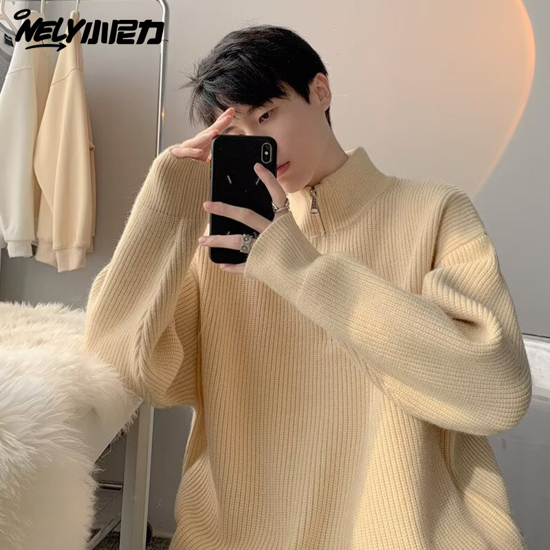 NELY小尼力半拉链高领套头毛衣男女秋冬慵懒风上衣百搭情侣针织衫,男装,针织衫/毛衣,淘宝优惠券,粉丝福利购,淘宝优惠卷
