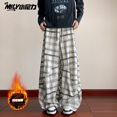 加绒加厚格子运动长裤