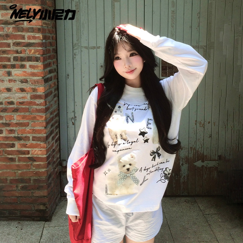 趣味小狗百搭t恤长袖男日系宽松休闲卡通秋款打底衫纯棉260g重磅