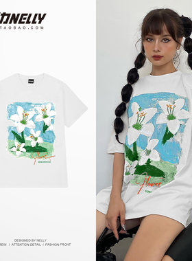 夏季手绘涂鸦百合花纯棉短袖T恤男女oversize宽松情侣装半袖上衣