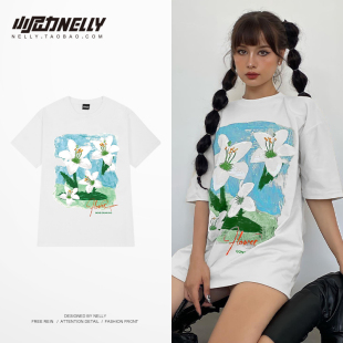 半袖 T恤男女oversize宽松情侣装 上衣 手绘涂鸦百合花纯棉短袖 夏季