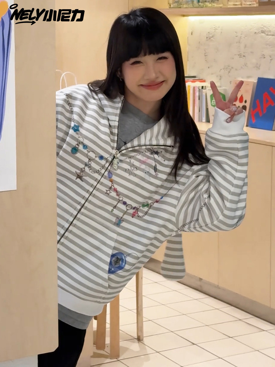 Y2K Rabbit Ear Cute Striped Hooded Sweatshirt for Women, Spring and Autumn Casual Cardigan Jacket