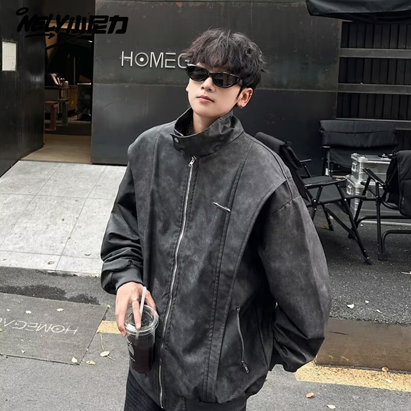 小尼力复古立领PU夹克外套