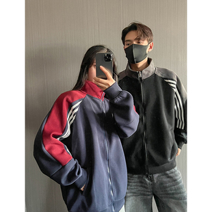 ins美式复古立领半拉链卫衣男女重磅OVERSIZE运动风三条杠上衣