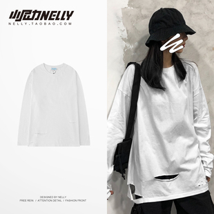 自制手工高街潮牌下摆刀割破洞嘻哈长袖白色打底衫宽松男四季男女